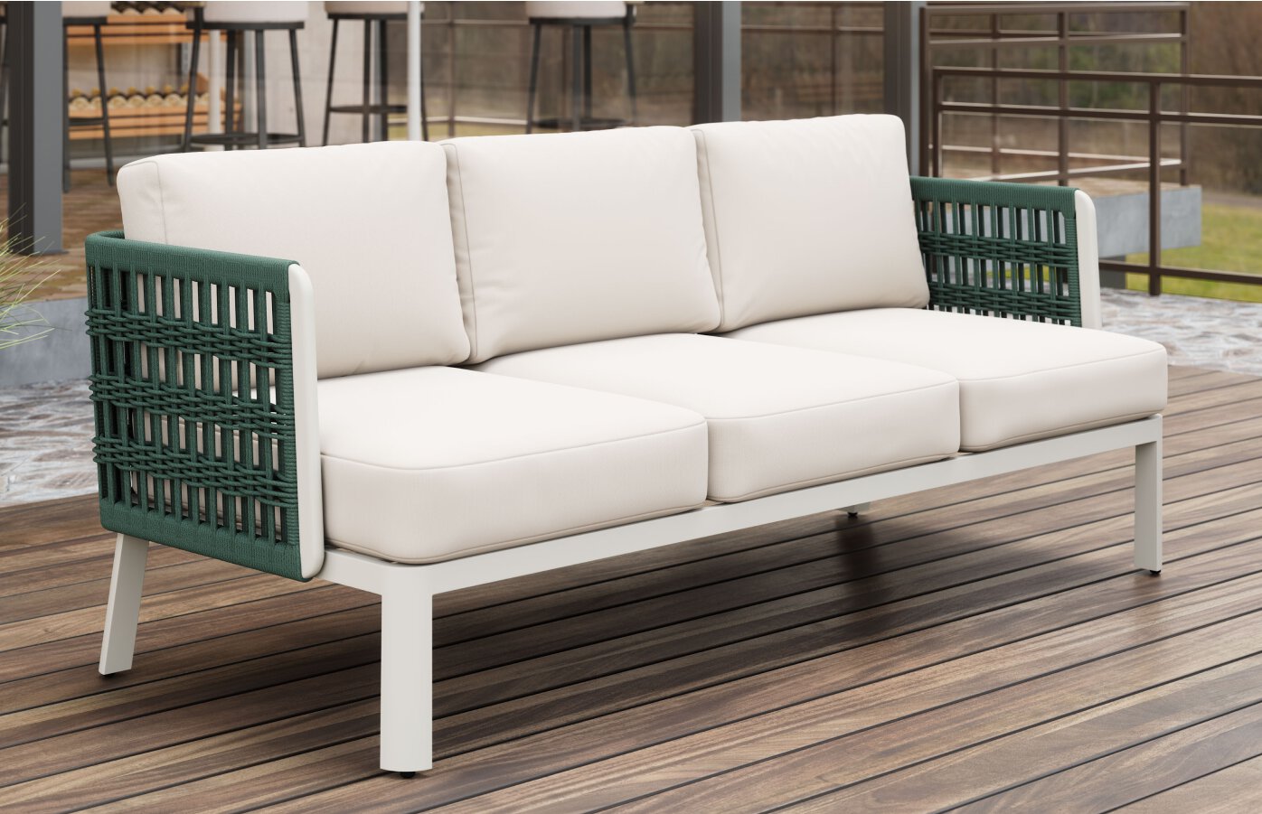 Neutral, weather-resistant cushions, green woven arms, and a sturdy aluminum base