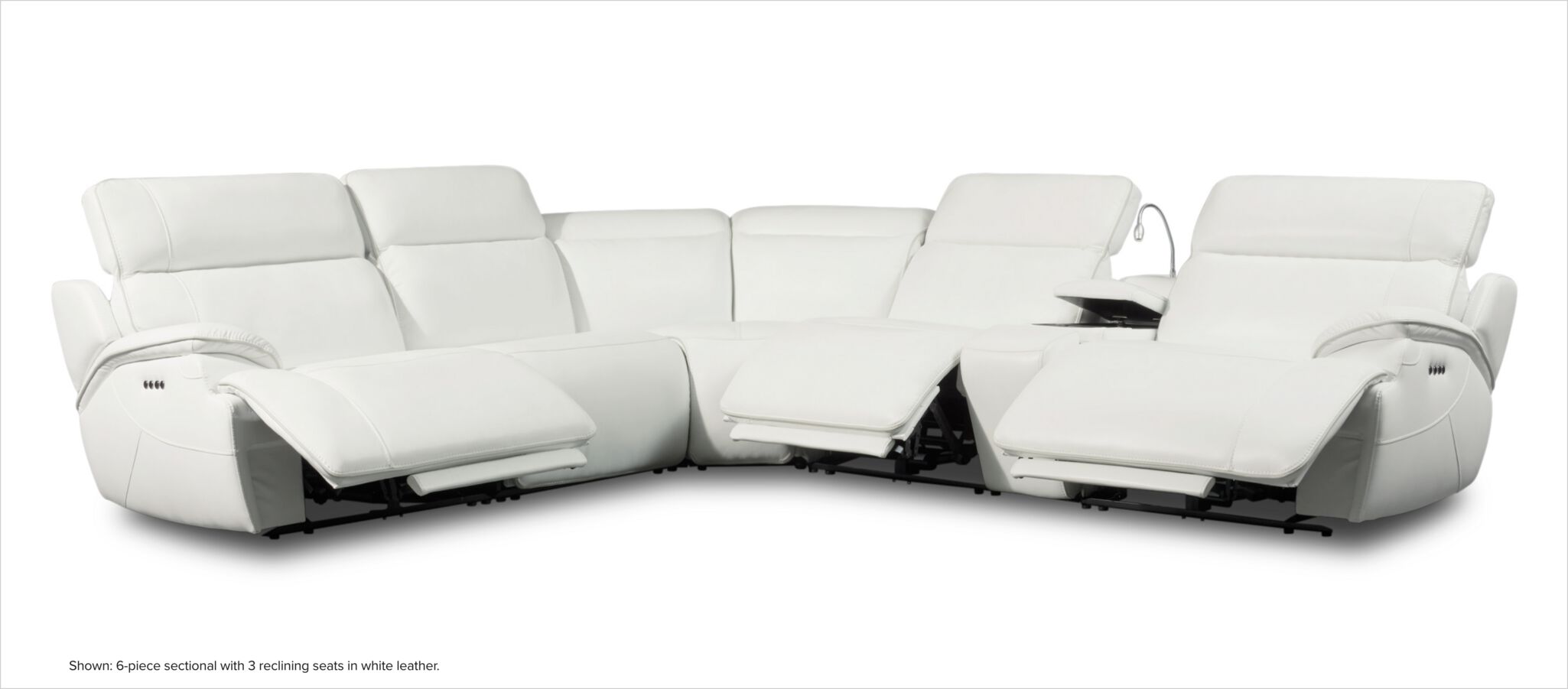 Devon 6-piece sectional with 3 reclining seats in white leather.