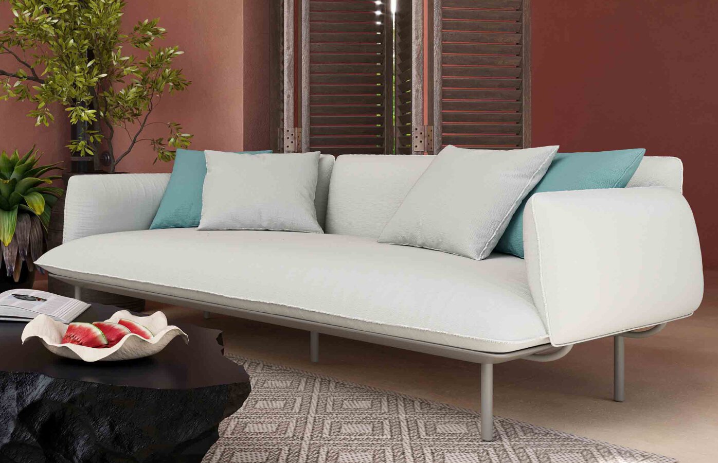 Outdoor upholstery with contrasting pillows