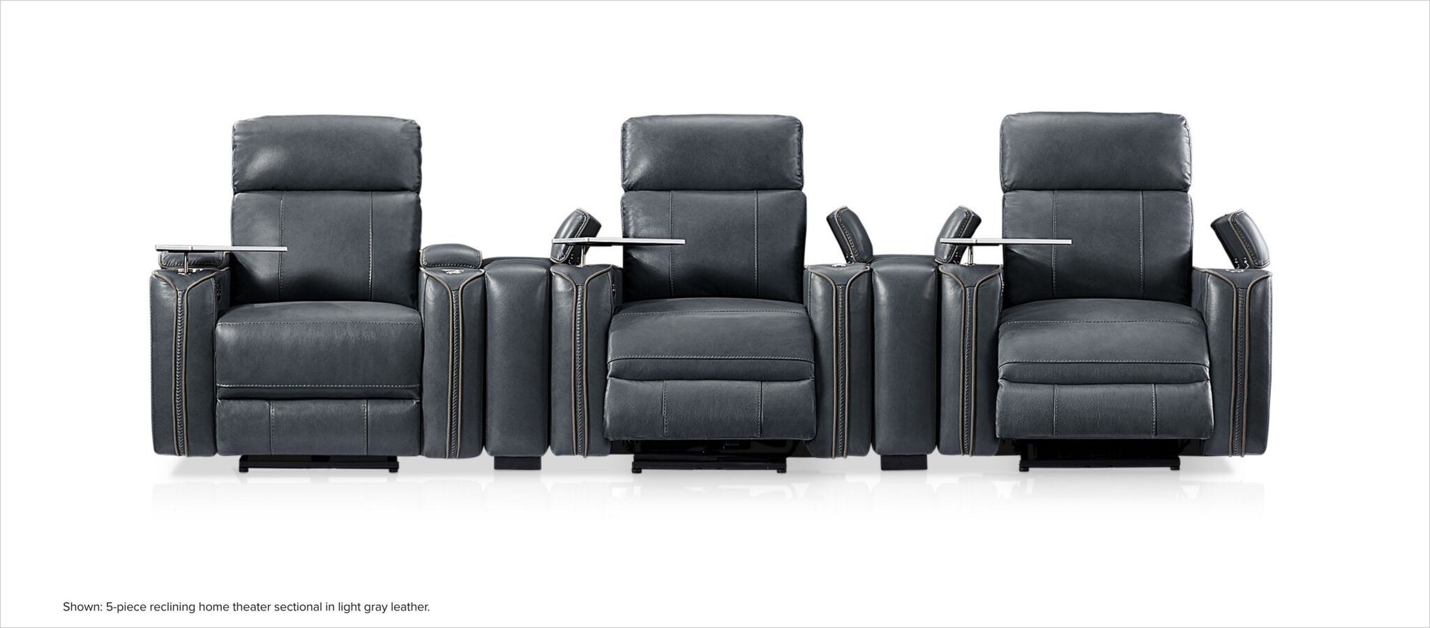 Leo 5-piece reclining home theater sectional in light gray leather.