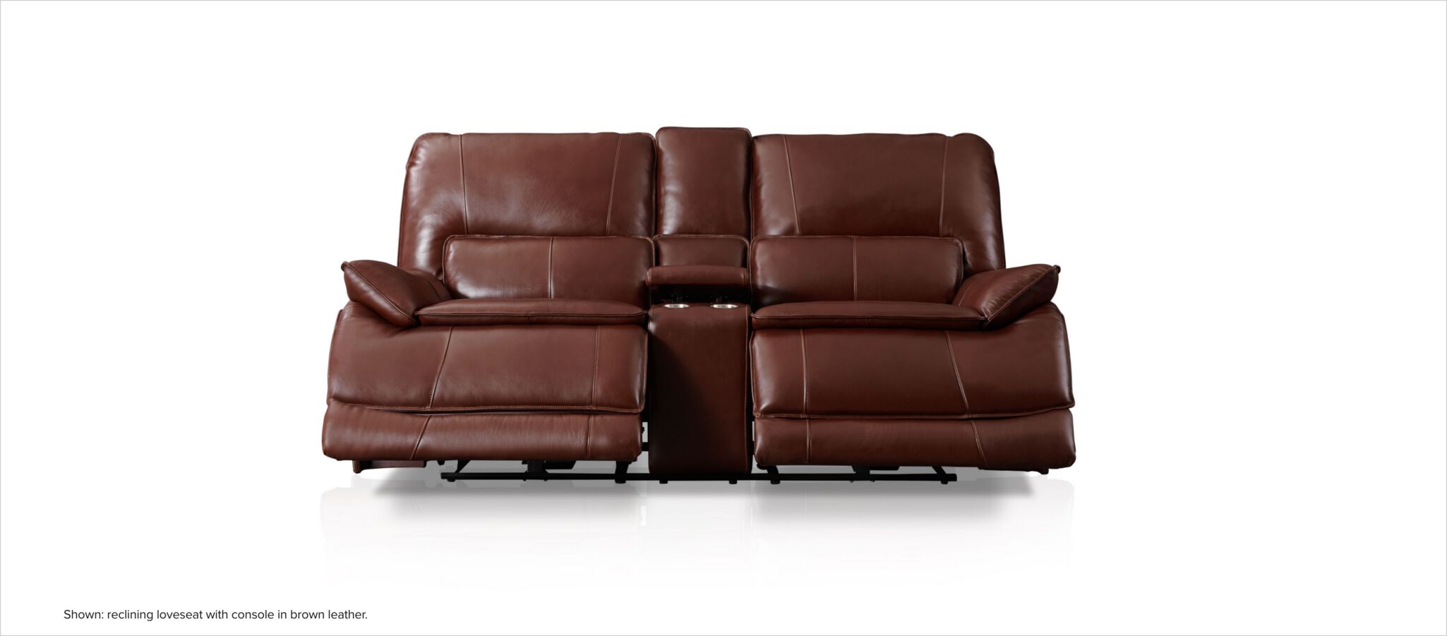 Aston reclining loveseat with console in brown leather.