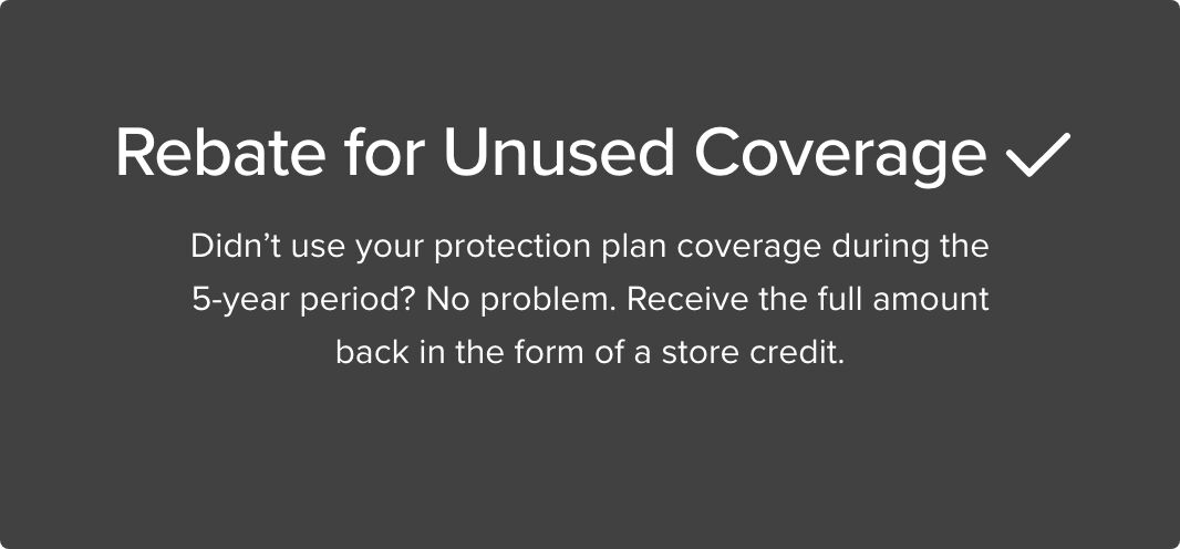 Rebat for Unused Coverage Didn't use your protection plan coverage during the 5-year period? No problem. Receive the full amount back in the form of a store credit.